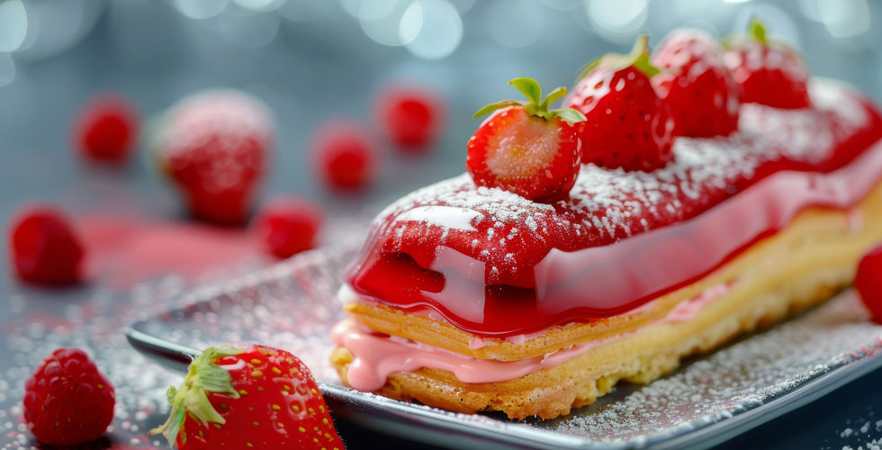Red Eclair Cake, Delicious Delicious Dessert, Strawberry Mirror Glazed Eclair, Copy Space